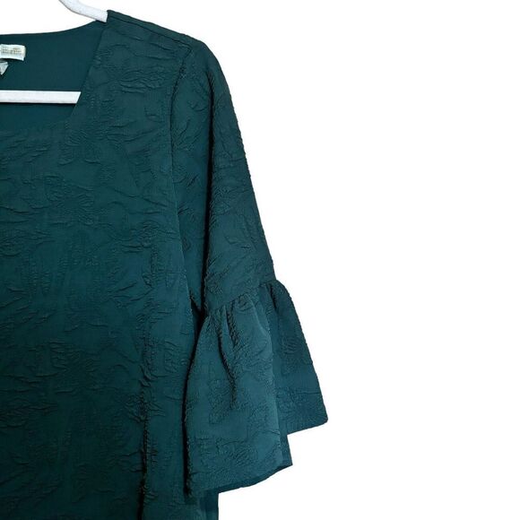 Calvin Klein Top Womens Medium Green Floral Textured Bell Sleeves Stretch Blouse - Picture 3 of 8